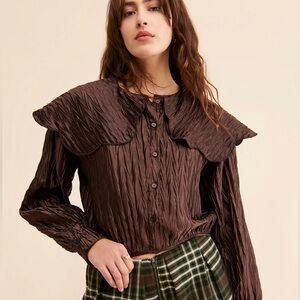 Free People Native Youth Crinkle Plisse Buttoned Blouse